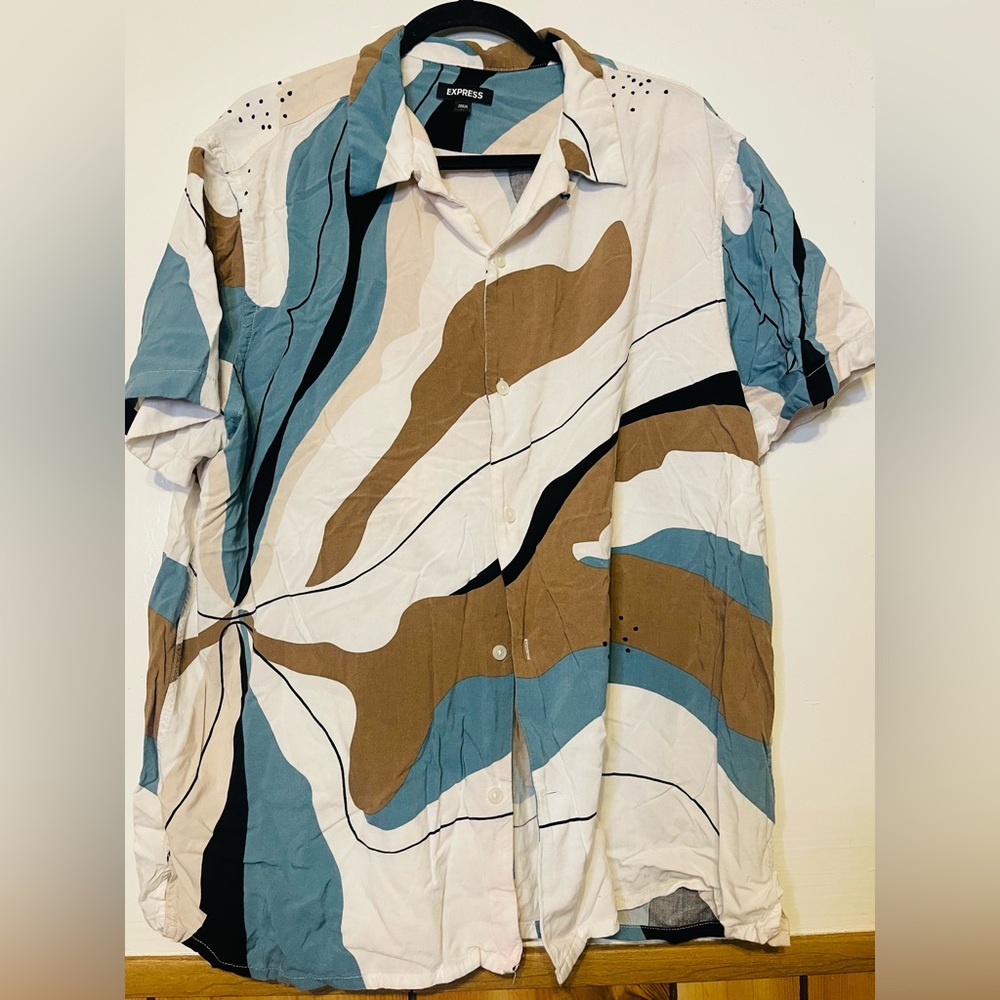 Express Men's Blue and Brown Abstract Shirt